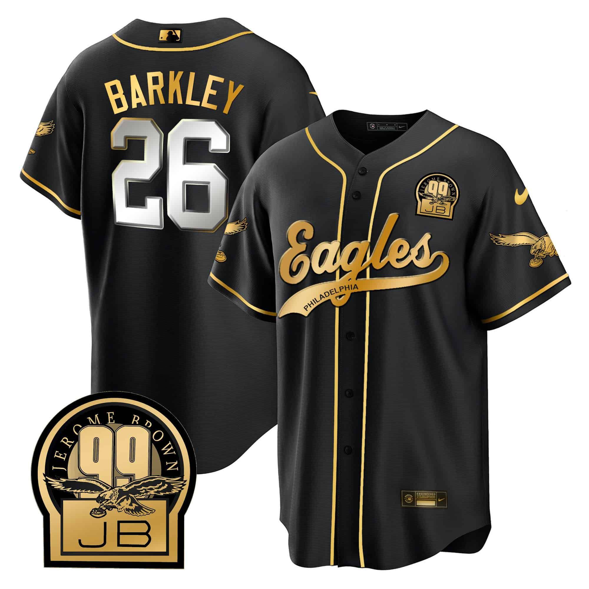 Men Philadelphia Eagles #26 Barkley Black 2024 Nike Jerome Brown Retired Patch Baseball NFL Jersey style 2